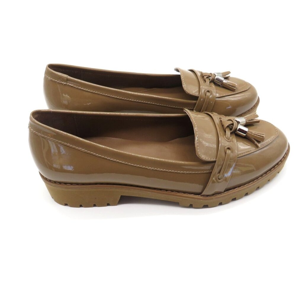 Rebecca Allen Women's Patent Leather Nude Loafers Tassels Chunky Sole Size 6.5 N